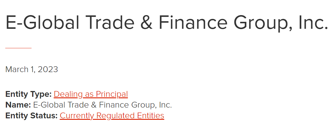 E-Global Trade &amp; Finance Group, Inc. licensing information on bvifsc.vg