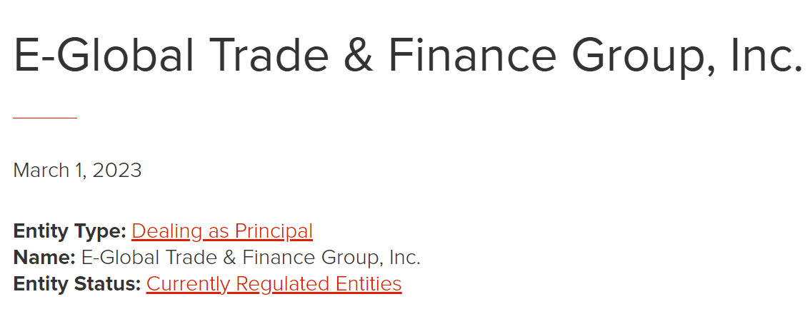 E-Global Trade & Finance Group, Inc. licensing information on bvifsc.vg