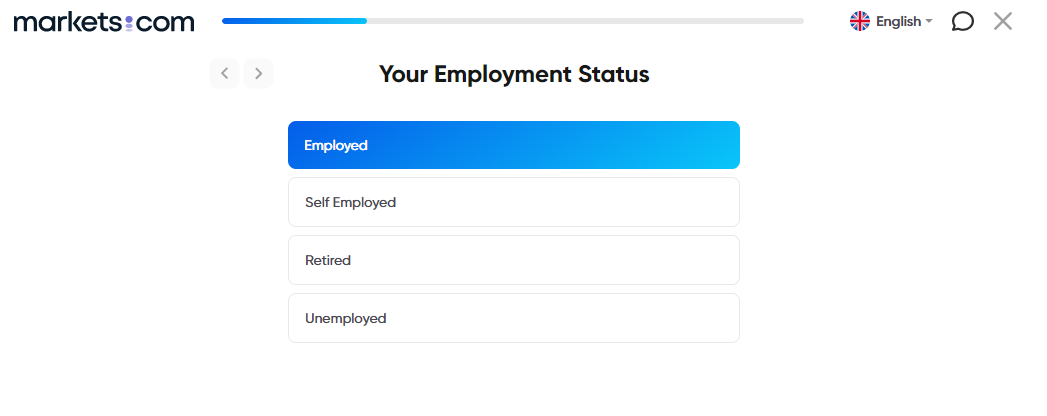 Registration process at Markets.com