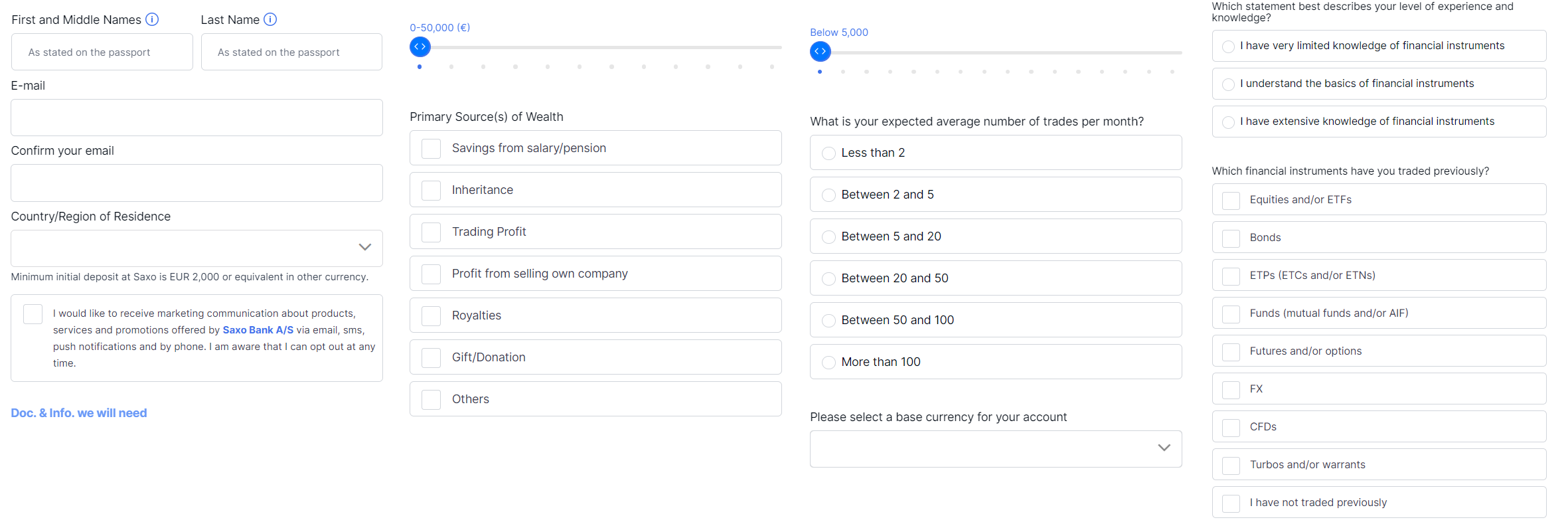 Some questions from the account creation questionnaire