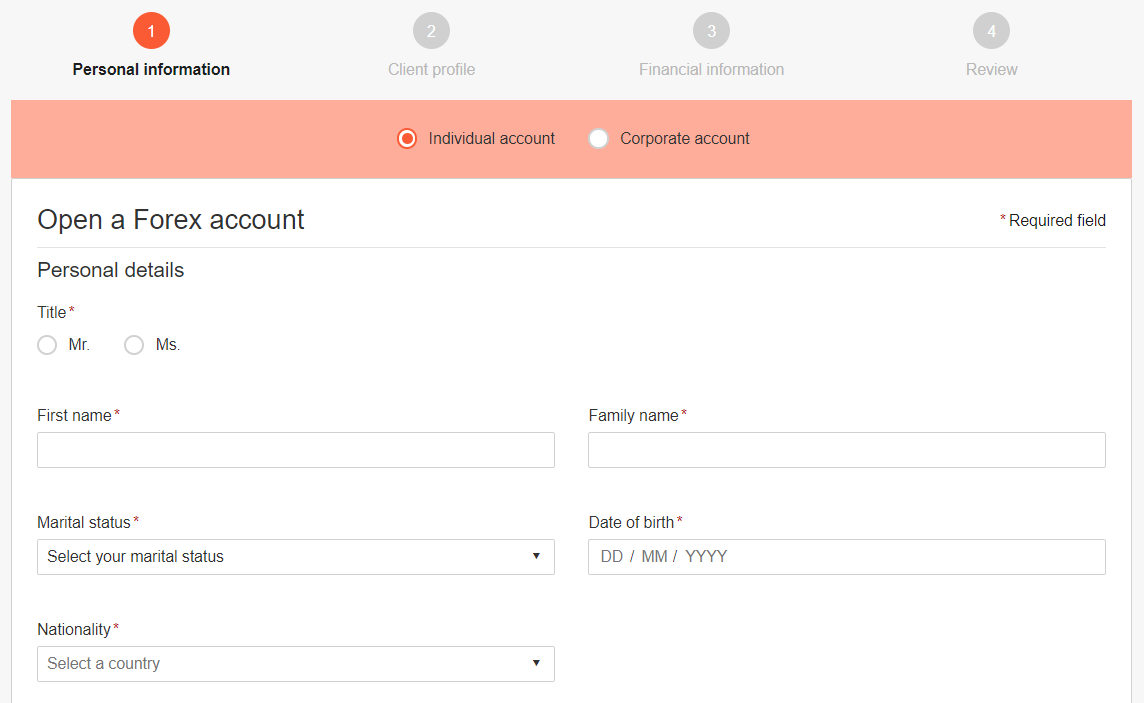 The account creation blank with Swissquote