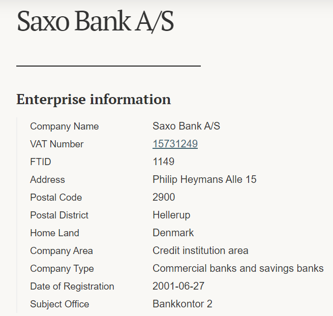 Saxo Bank S/A’s licensing information on virksomhedsregister.finanstilsynet.dk