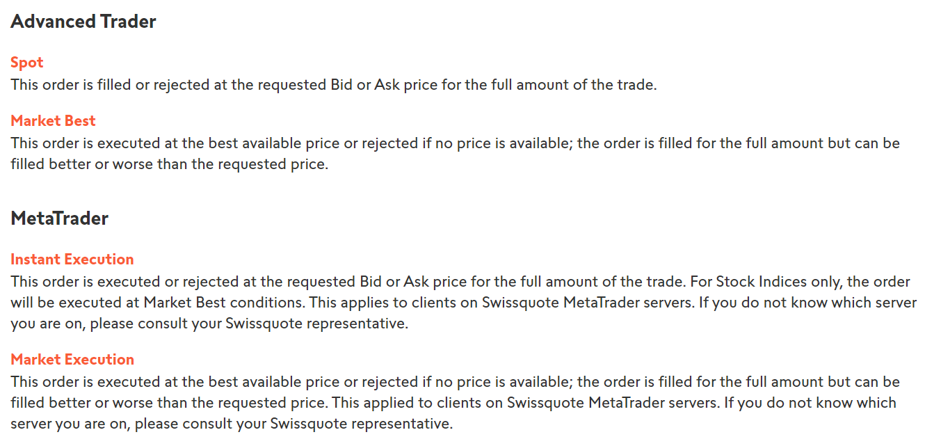 Order types available on Swissquote’s different platforms