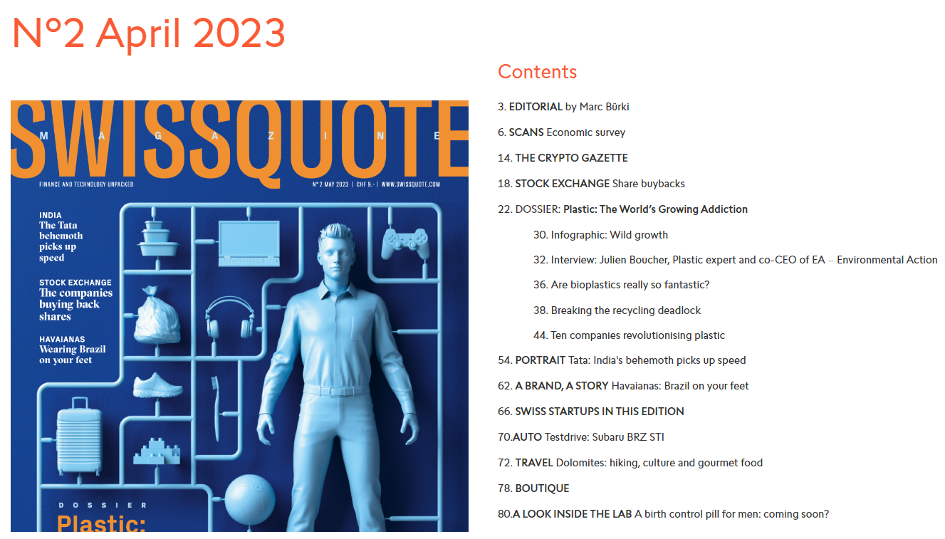 Swissquote’s latest magazine cover and its table of contents