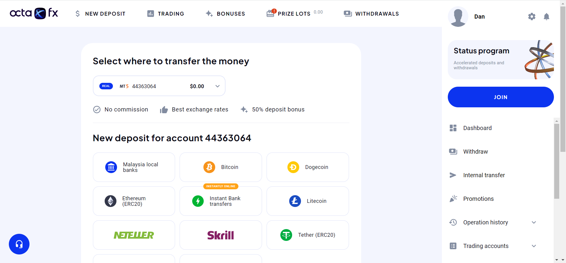 OctaFX Deposits and Withdrawals