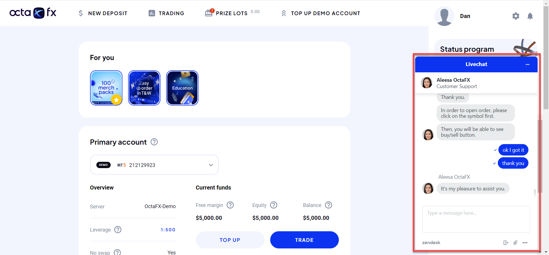 OctaFX Live Chat Support