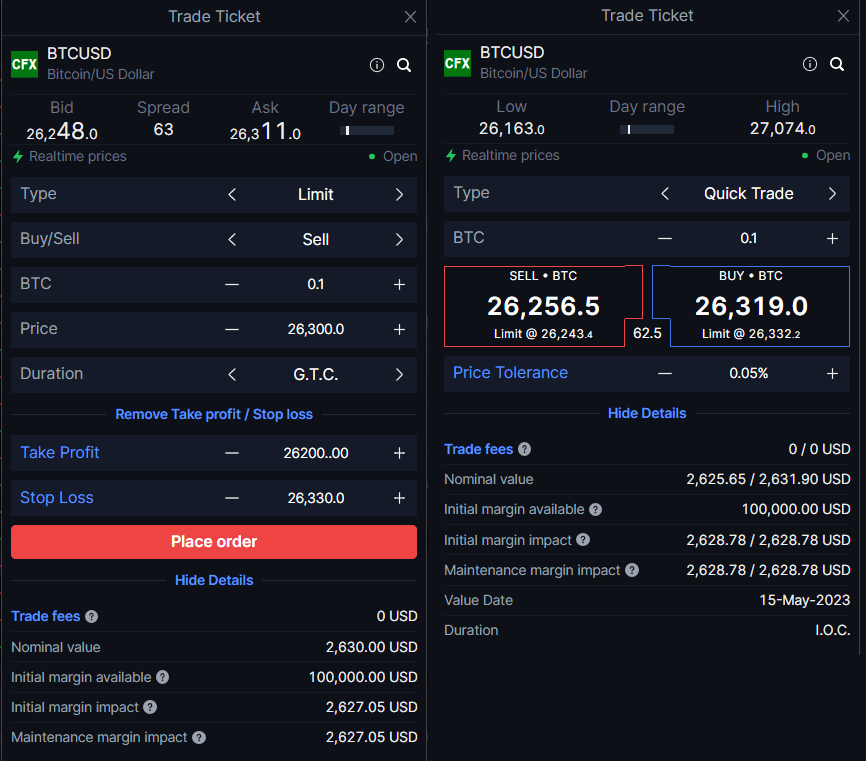 Placing a limit order (left) and a quick trade (right)