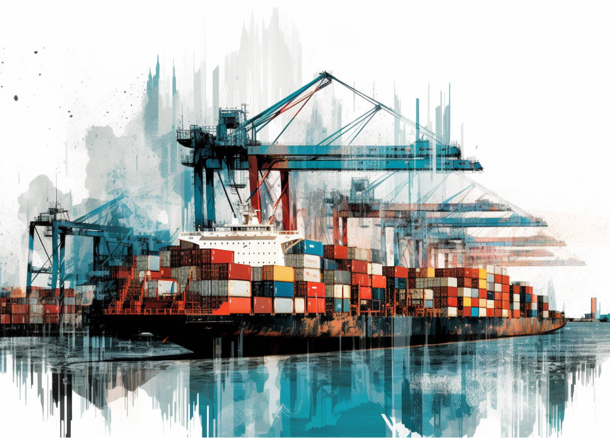  A watercolor painting of a container ship in a harbor with the skyline of a major city in the background representing a positive trade balance for economic growth.