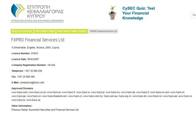FxPro listing among CySEC-regulated entities