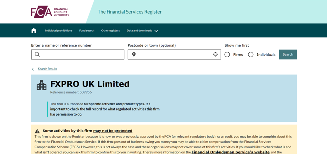 FxPro on the FCA Financial Services Register