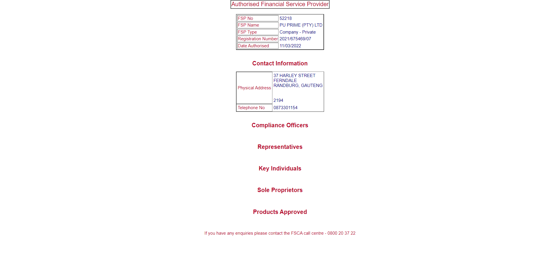 PU Prime on the South Africa FSCA Register