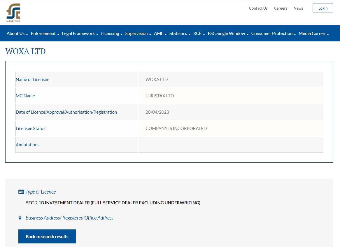 Woxa Ltd’s licensing info on fscmauritius.org