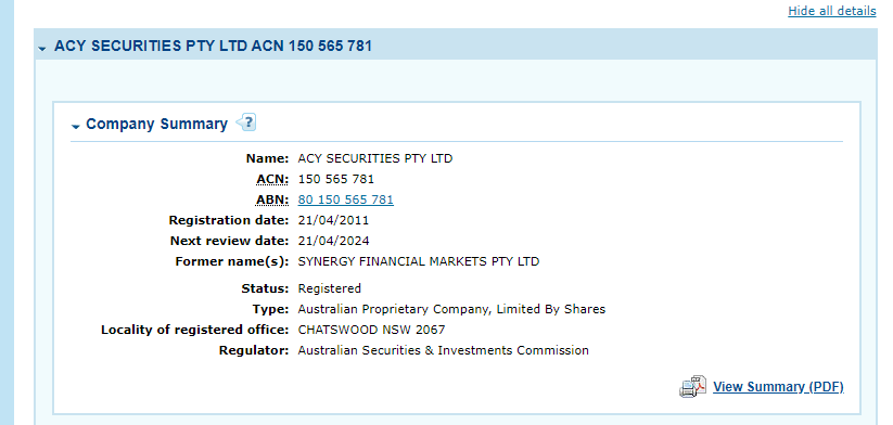 ACY Securities Pty Ltd record on ASIC