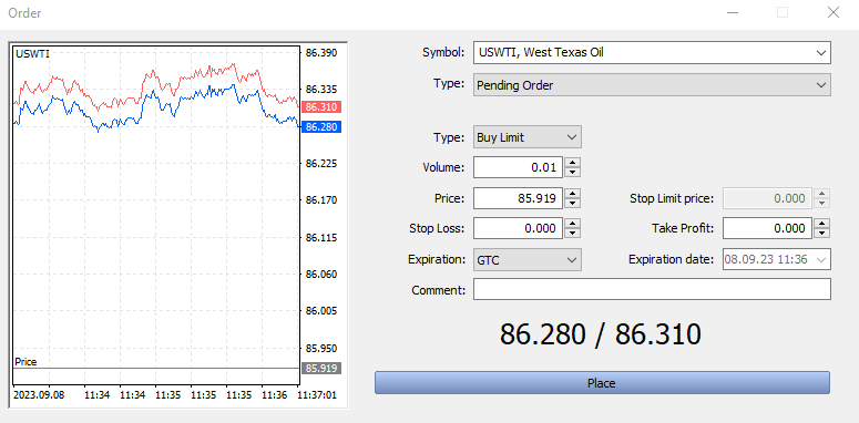 Order entry in MetaTrader