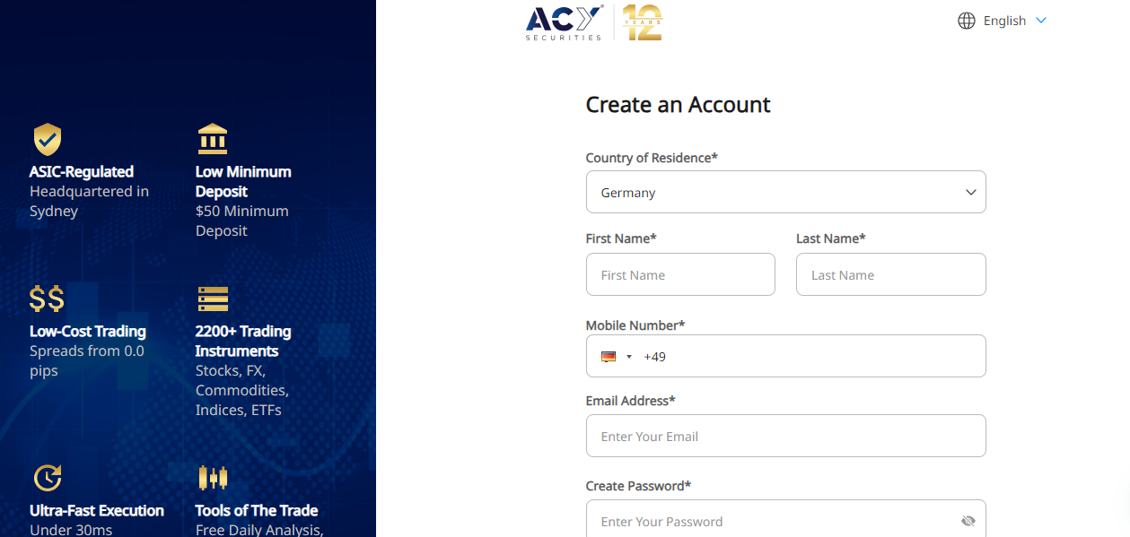 Account registration at ACY Securities