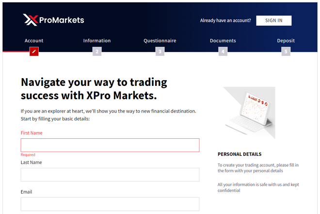 XPro Markets’ registration form