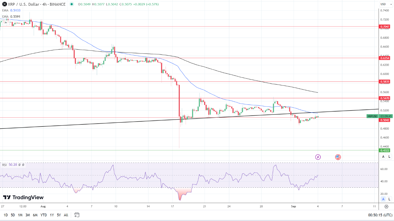 XRP 4-Hourly Chart affirms bearish price signals.