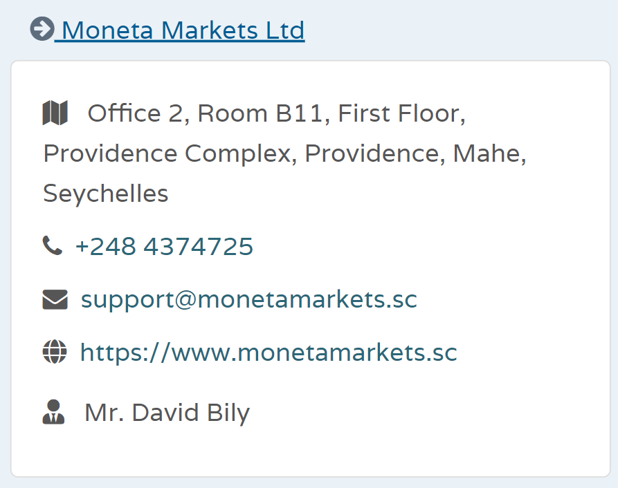 Moneta Markets Ltd’s licensing info on fsaseychelles.sc