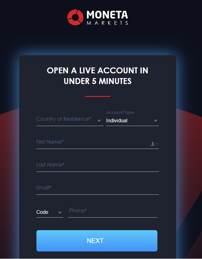 Moneta Markets’ account registration form