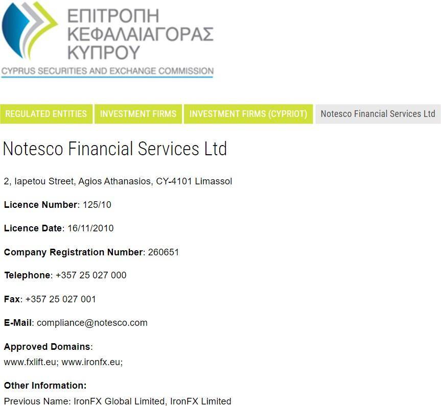 Notesco Financial Services Limited’s licensing info on cysec.gov.cy