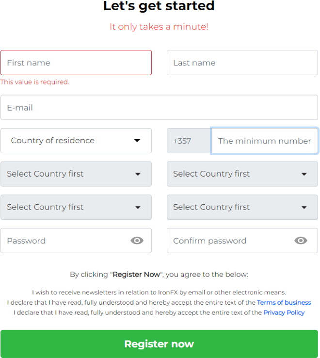 The account registration process with IronFX