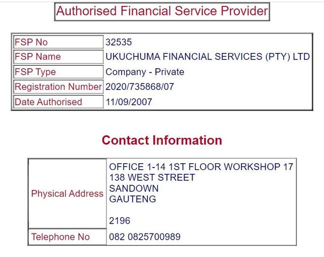 UKUCHUMA FINANCIAL SERVICES (PTY) LTD’s licensing info at fsca.co.za