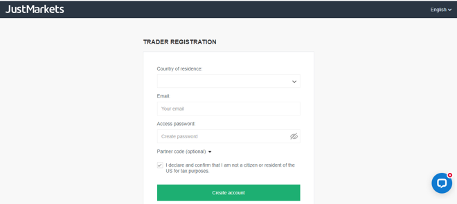 Account registration at JustMarkets
