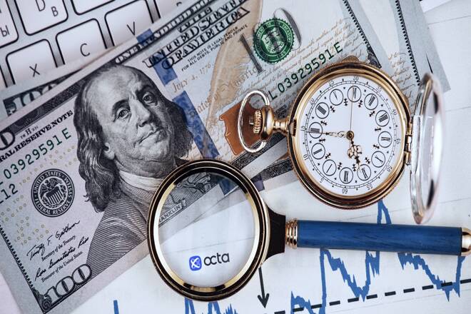 US dollar, pocket watch and magnifying glass over the Octa logo, FX Empire