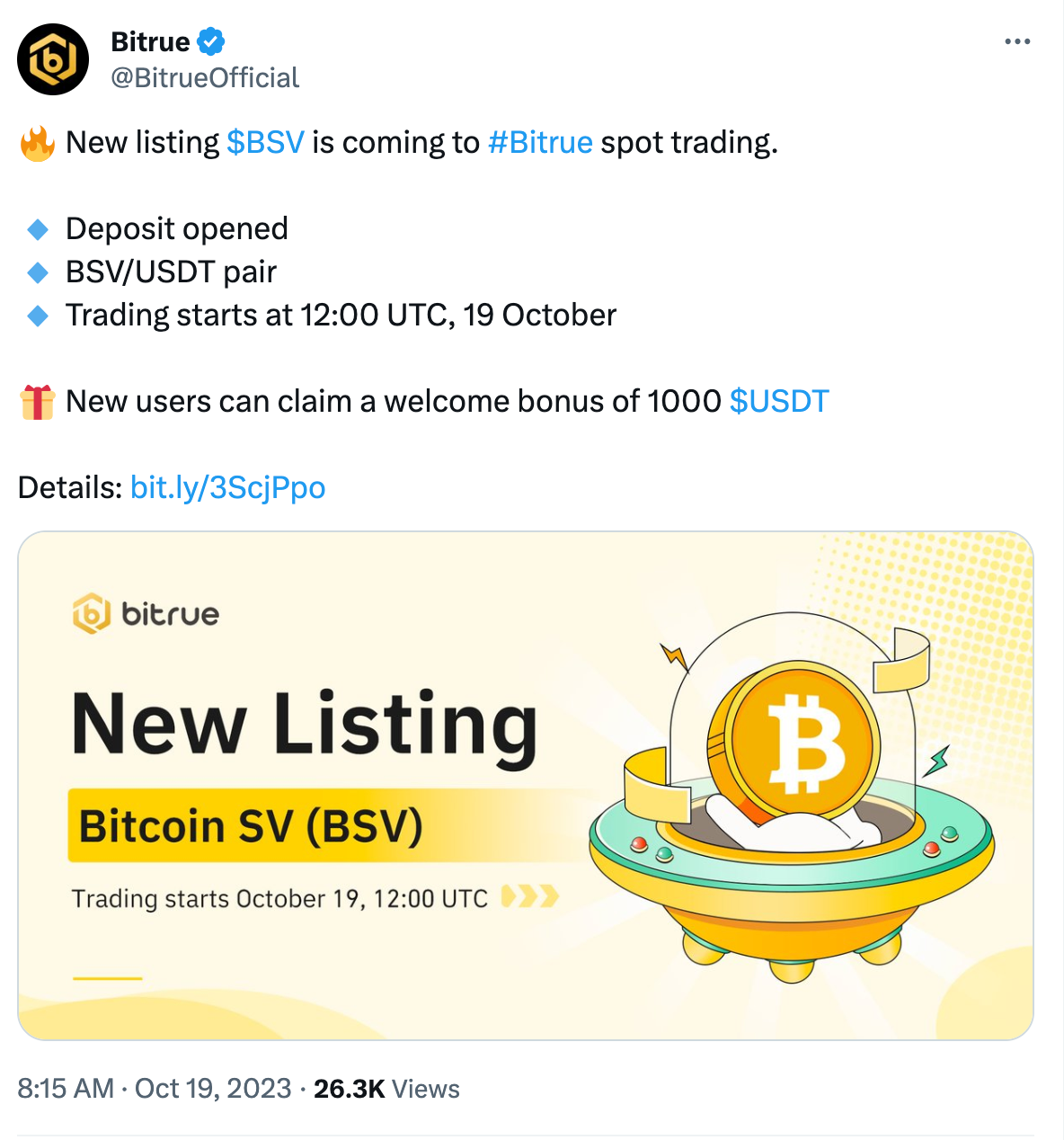 Bitrue Exchange adds BitcoinSV (BSV) Trading Pair, October 19, 2023