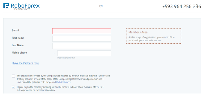 RoboForex’s account registration form