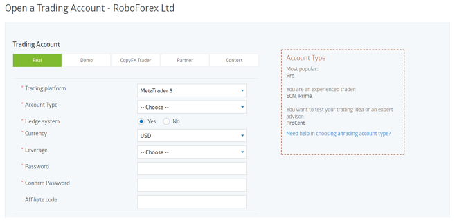 Configuring an account with RoboForex