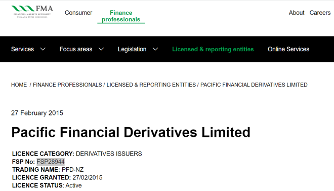 Pacific Financial Derivatives Ltd’s information on fma.gov.nz