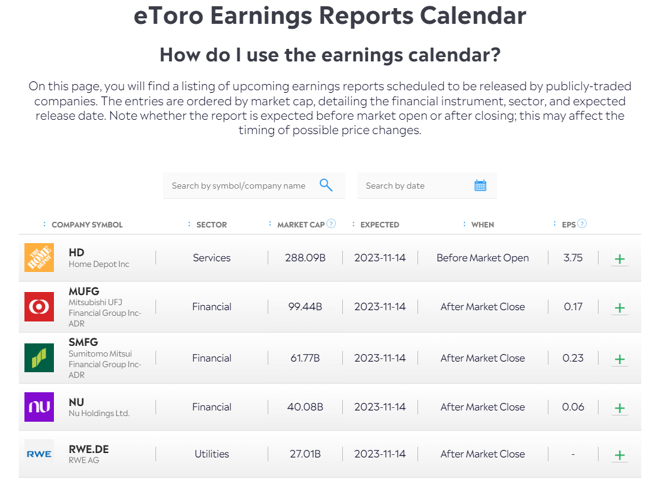 eToro’s earnings calendar