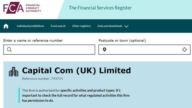 Capital Com (UK) Limited’s licensing info on fca.org.uk