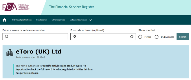 eToro (UK) Ltd’s licensing information on fca.org.uk