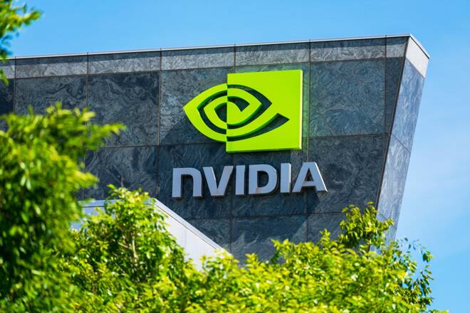 Nvidia logo and sign on headquarters, FX Empire