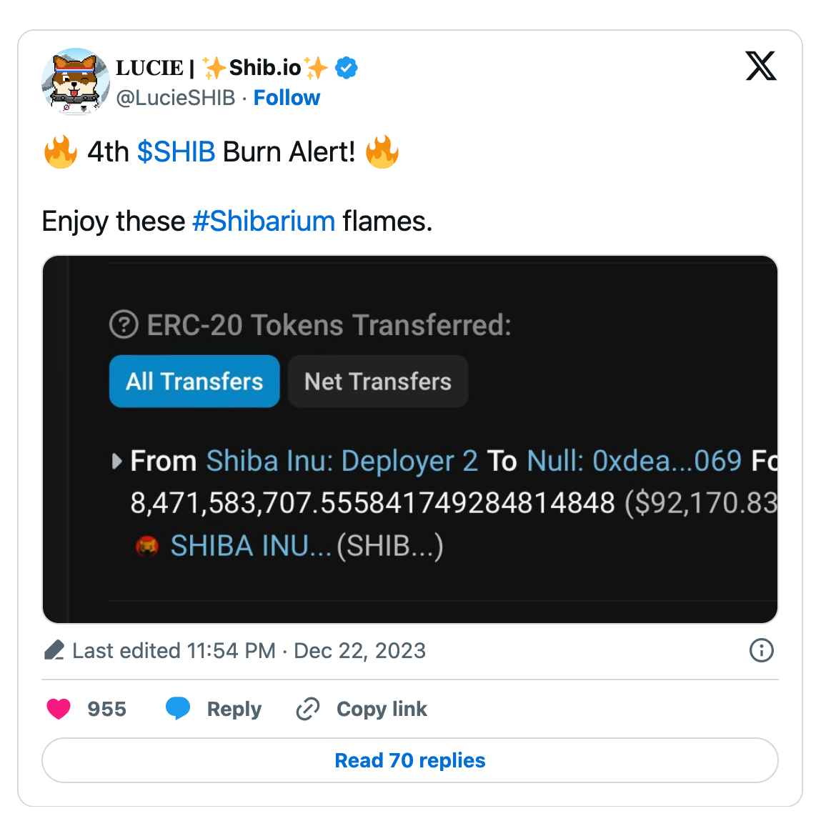 Shiba Inu Announces 4th Consecutive Token Burn&nbsp; | Source: LucieSHIB/X