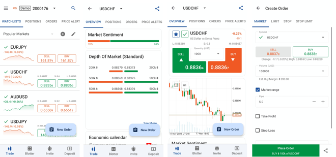 A watchlist of selected instruments, market sentiment, a chart window, an order placing window