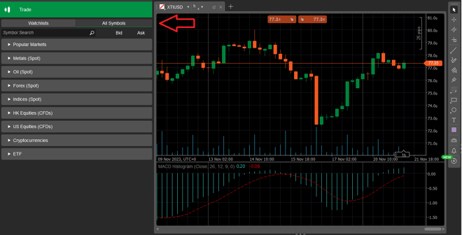 cTrader’s instruments search tool