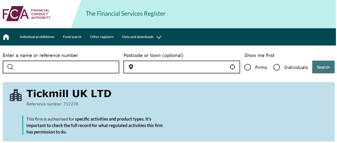 Tickmill’s licensing info on fca.org.uk