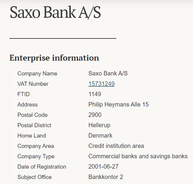 Saxo S/A’s licensing information on virksomhedsregister.finanstilsynet.dk
