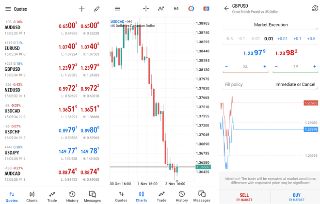 A watchlist of selected instruments (left), chart window (middle), and order screen (right)