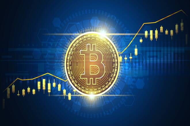 Bitcoin on blue chart, FX Empire