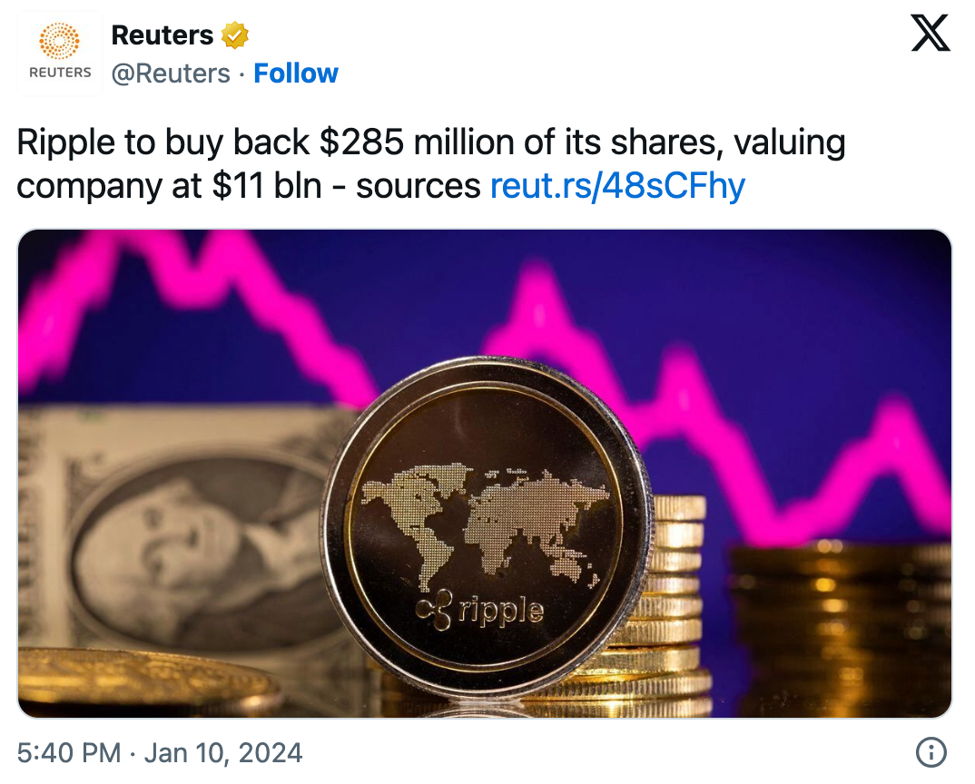 Ripple Announces $285 Share Buy-Back Plan | Source: Reuters/X