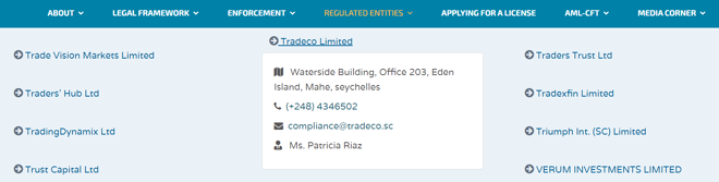 Tradeco Limited’s licensing info on fsaseychelles.sc