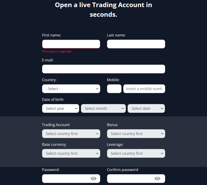 T4Trade’s account registration form
