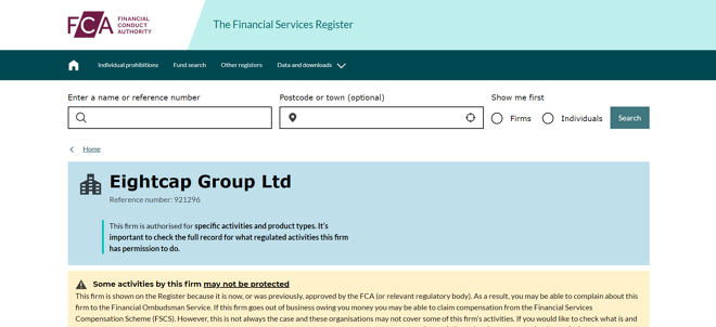 Eightcap Group Ltd on the FCA Financial Services Register