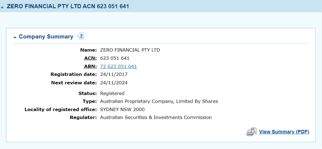 Zero Financial Pty Ltd’s licensing information on asic.gov.au