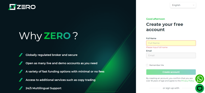 Zero Markets’ registration form