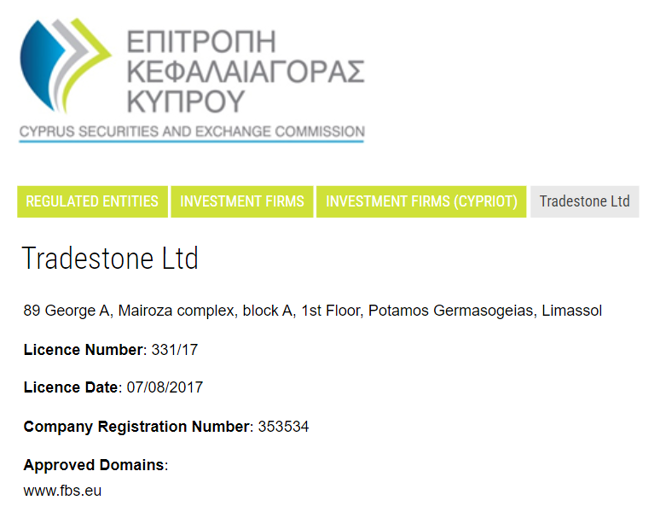 Tradestone Ltd’s licensing info on cysec.gov.cy